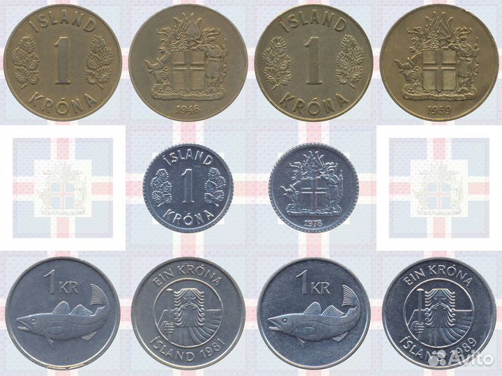 1 Крона 1946, 1959, 1978, 1981, 1989 Исландия