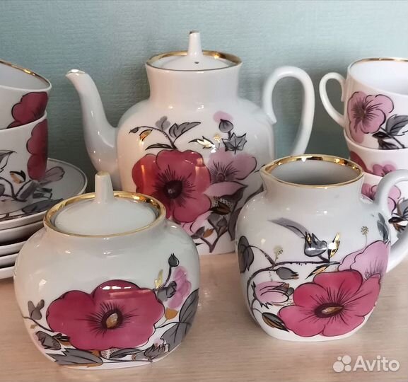 Розовая ветка лфз - чайник, сахарница, молочник