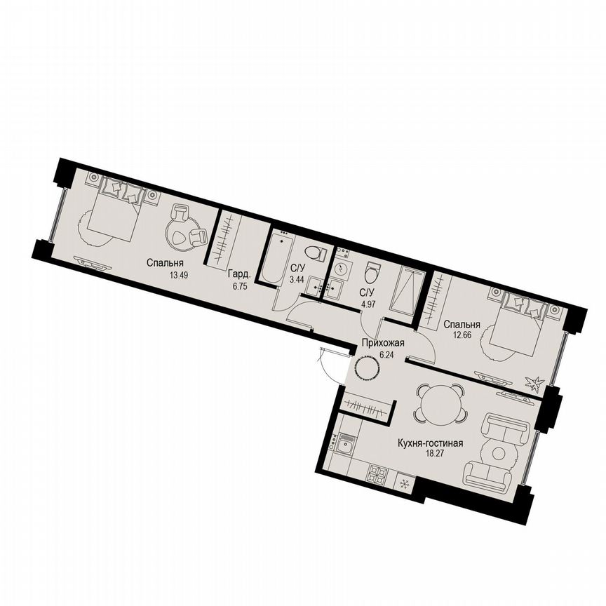 2-к. квартира, 65,8 м², 2/6 эт.