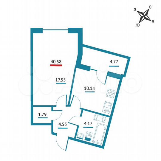 1-к. квартира, 40,6 м², 6/22 эт.