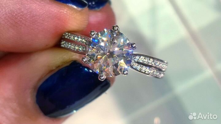 Кольцо с муассанитом 2 ct 8mm D FL, 925/au750