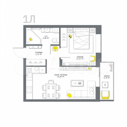 1-к. квартира, 46 м², 5/25 эт.
