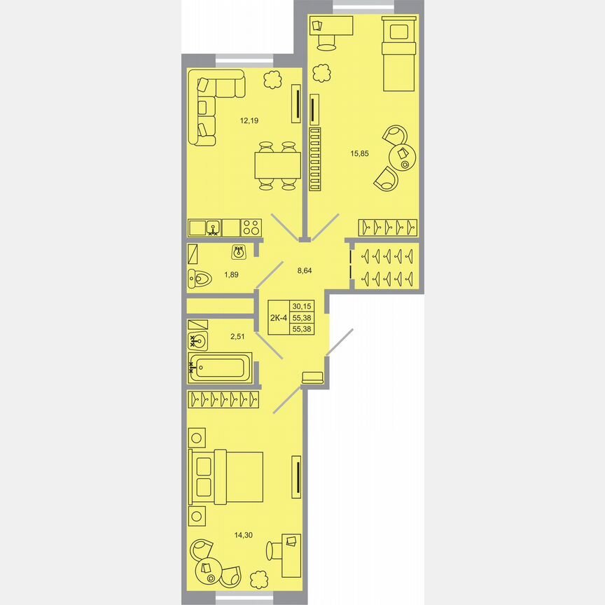 2-к. квартира, 55,4 м², 4/17 эт.