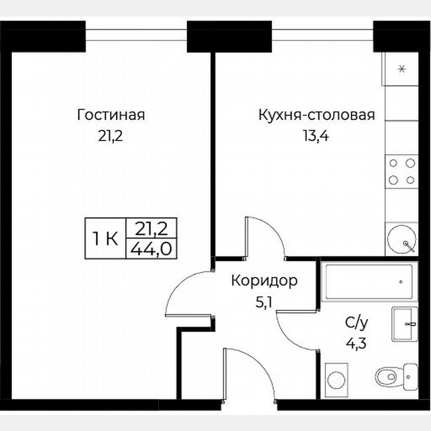 1-к. апартаменты, 44 м², 3/30 эт.