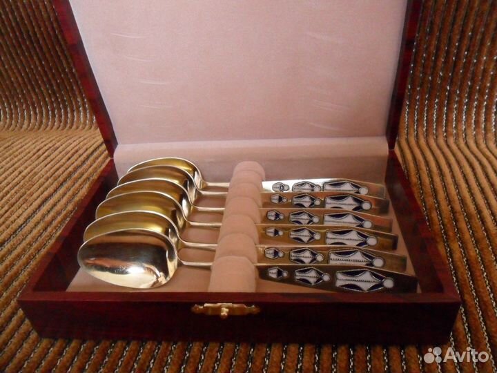 Набор чайных ложек с эмалью, серебро 875 пр. СССР