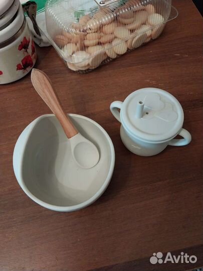 Тарелка детская силиконовая, чашка с трубочкой