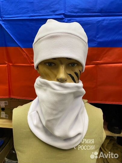 Шапка и шарф труба цвет белый флис