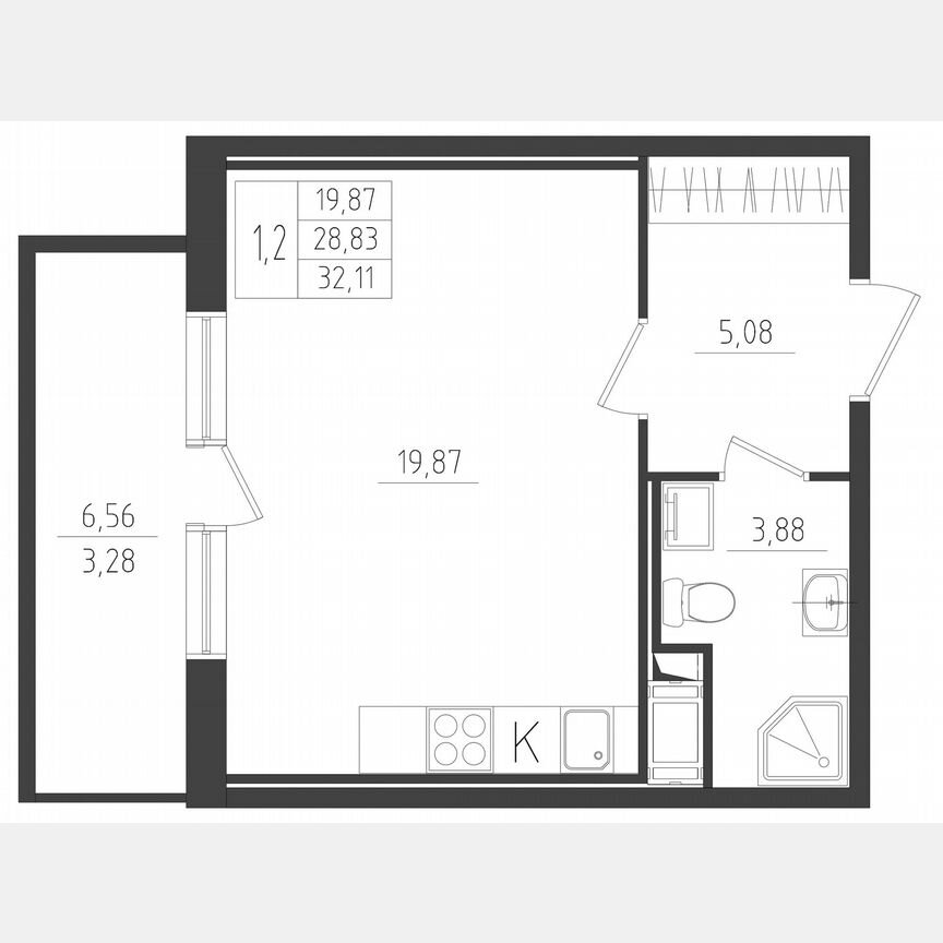 Квартира-студия, 32,1 м², 7/8 эт.