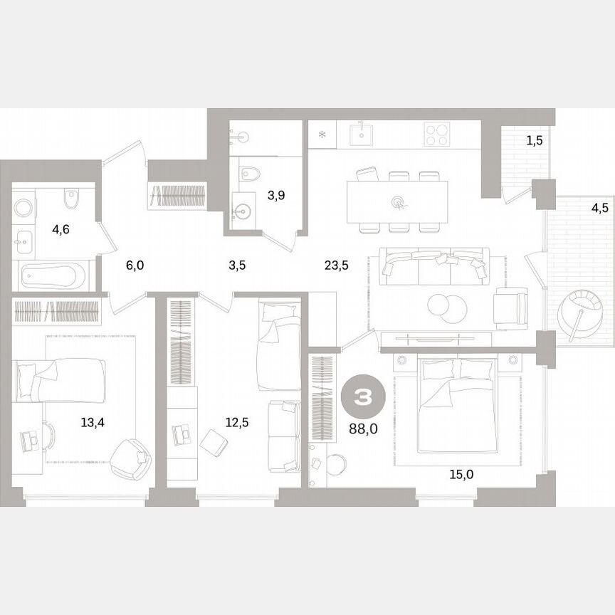 3-к. квартира, 87,3 м², 4/16 эт.