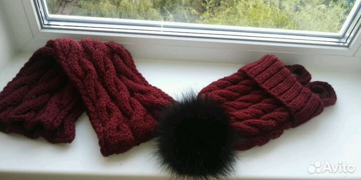 Вязаная шапка(косы) с помпоном и шарфик. Меринос