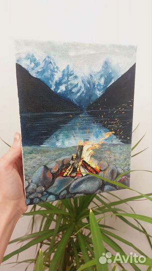 Картина маслом пейзаж горы костер