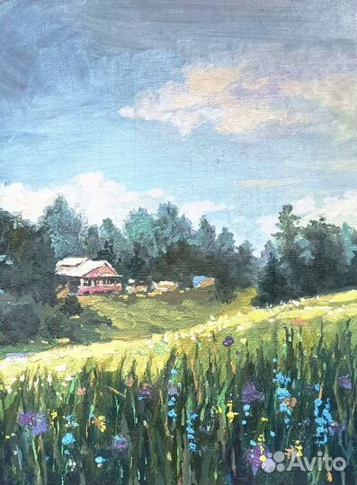 Картина с деревенским пейзажем. Масло, 24*18