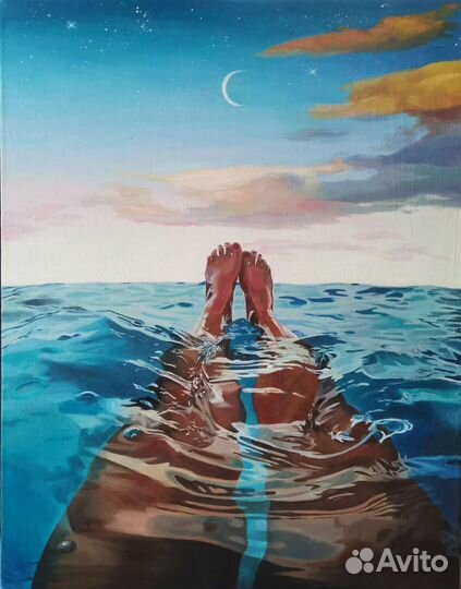Картина маслом море девушка обнажённая ножки