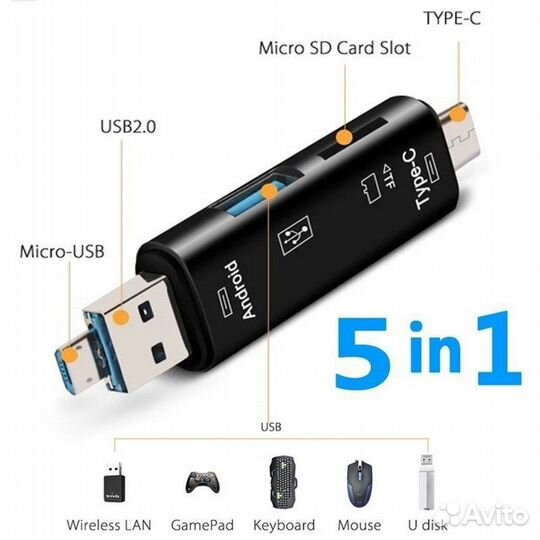 Картридер micro sd (usb type c) / 5 в 1 картридер