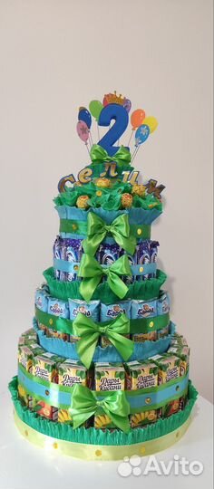 Детский, гигантский торт со сладостями,соками
