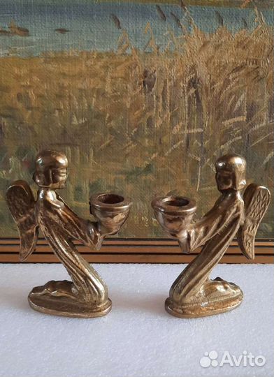 Антикварные бронзовые подсвечники ангелы