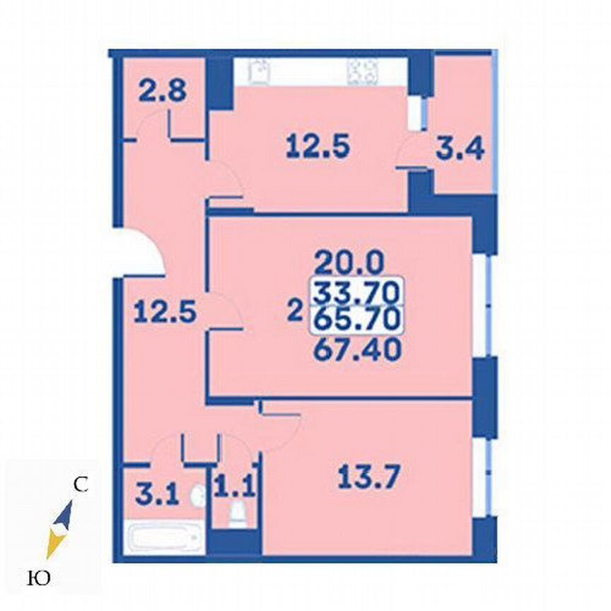 2-к. квартира, 67,4 м², 5/7 эт.