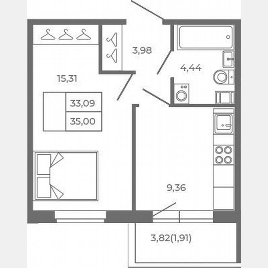 1-к. квартира, 33,1 м², 1/4 эт.