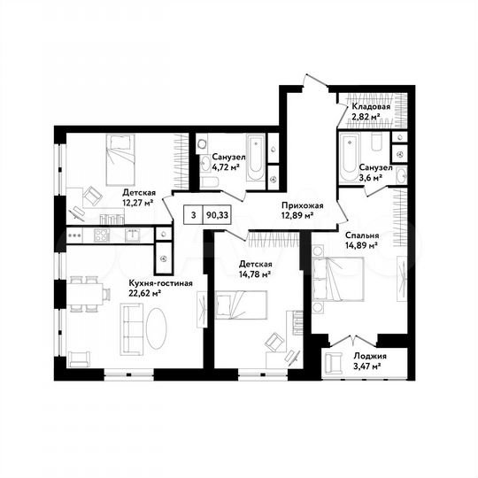 3-к. квартира, 90,3 м², 7/25 эт.