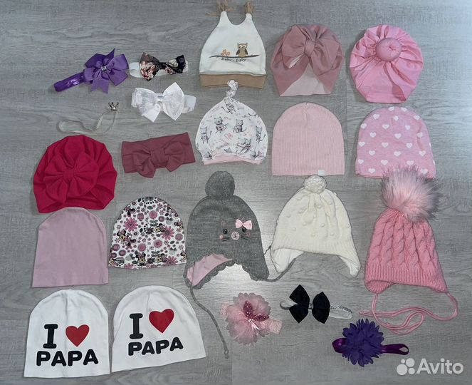 Повязки и шапки для девочки от 2 мес до 1,5 лет