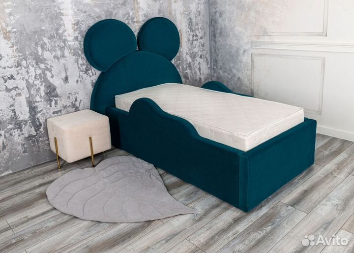 Кровать детская 80х160 Микки морская волна велюр