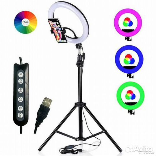 Кольцевая лампа 27см Цветная + Штатив