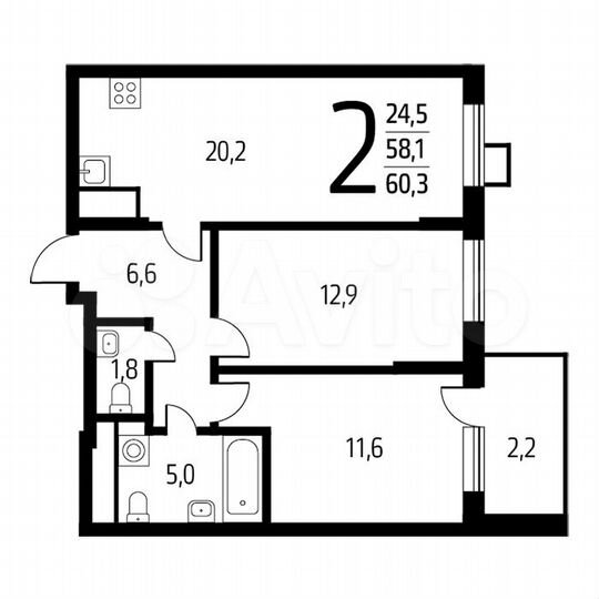2-к. квартира, 60,3 м², 6/14 эт.