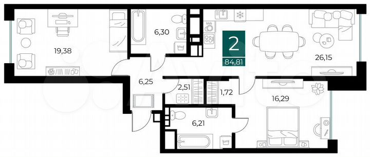 2-к. квартира, 84,8 м², 3/13 эт.