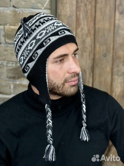 Мужская шапка Перу шерсть альпака Чульо двусторонняя цвет серо-черный 1