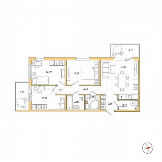 3-к. квартира, 79,1 м², 7/9 эт.