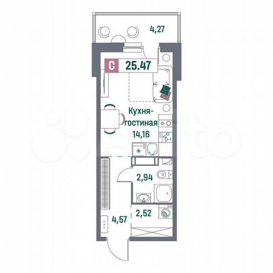 Квартира-студия, 25,5 м², 6/16 эт.