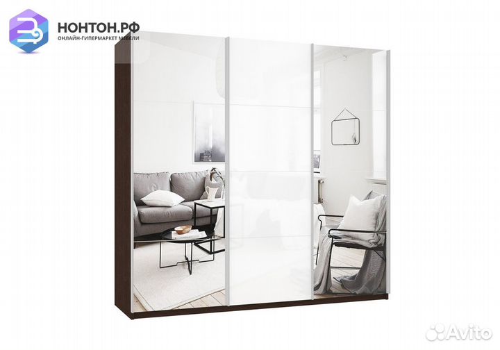 Шкаф-купе 3-х створчатый с зеркалами Прайм белое с