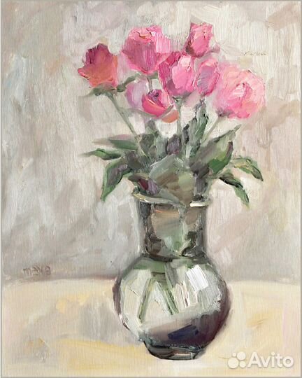 Картины маслом на холсте Розы для любимой бежевый