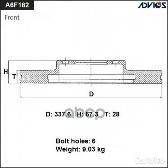 Диск тормозной пер. advics A6F182B advics