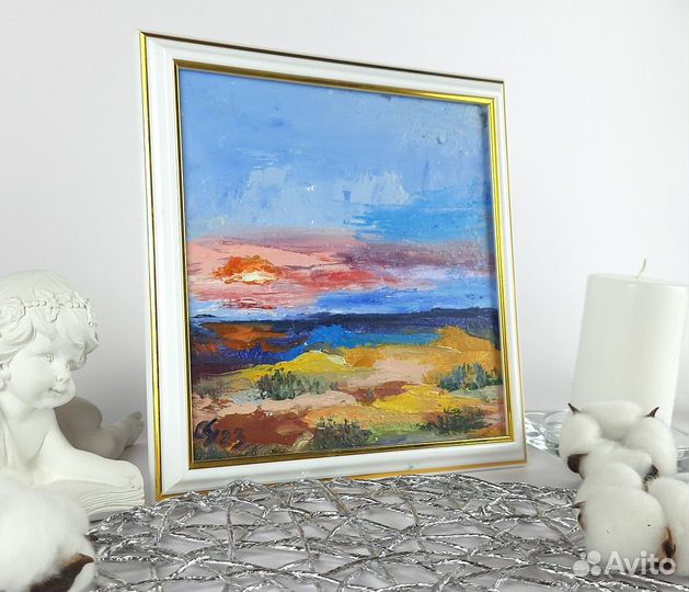 Небольшой пейзаж маслом. Закат на море. 20х20см