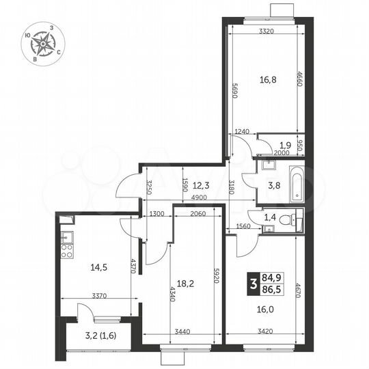 3-к. квартира, 86,8 м², 18/25 эт.