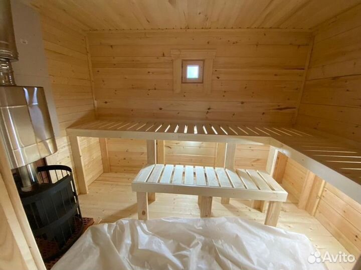 Баня 6х4 брус с г-образной террасой 2 м