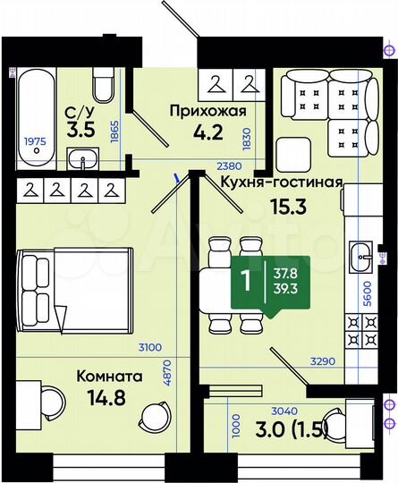 1-к. квартира, 40 м², 3/3 эт.