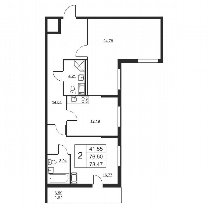 2-к. квартира, 78,5 м², 7/19 эт.