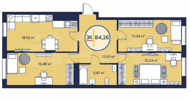 3-к. квартира, 84,5 м², 13/23 эт.