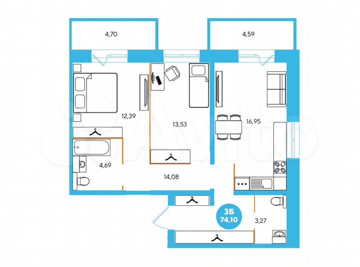 3-к. квартира, 74,1 м², 12/13 эт.
