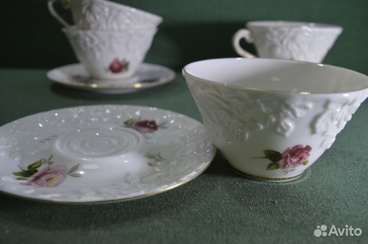 Чайные пары (набор, 4 штуки). Фарфор, розы. Нагойя