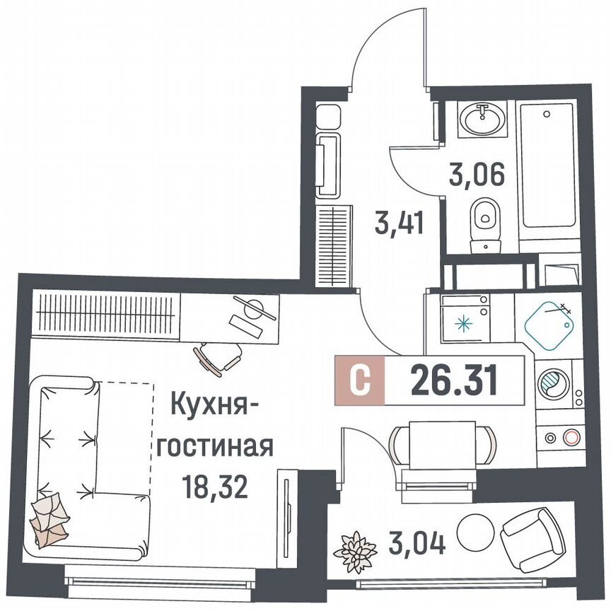Квартира-студия, 26,3 м², 17/18 эт.