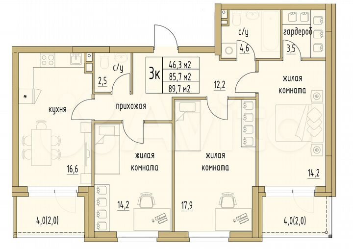 3-к. квартира, 89,7 м², 2/6 эт.