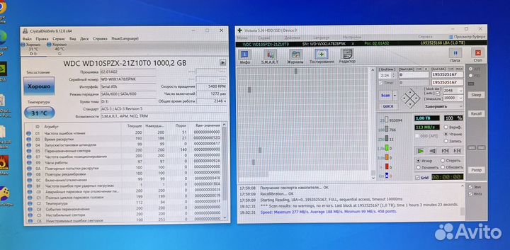 Накопитель HDD 1TB WD (2346 часов работы)