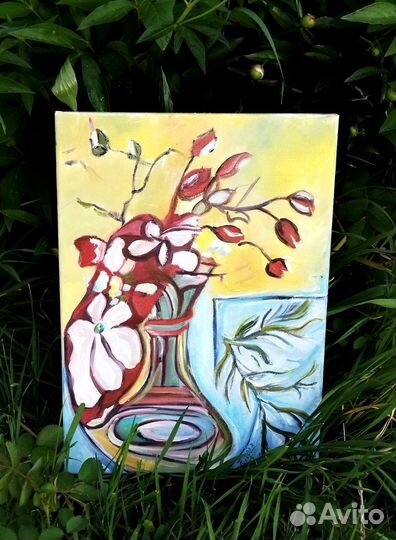 Картина с цветами маслом на холсте натюрморт 50х40
