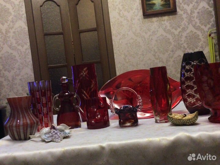 Ваза красное стекло и хрусталь