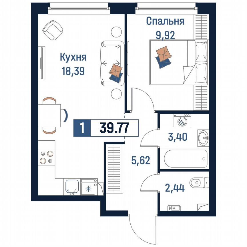 1-к. квартира, 39,8 м², 2/18 эт.