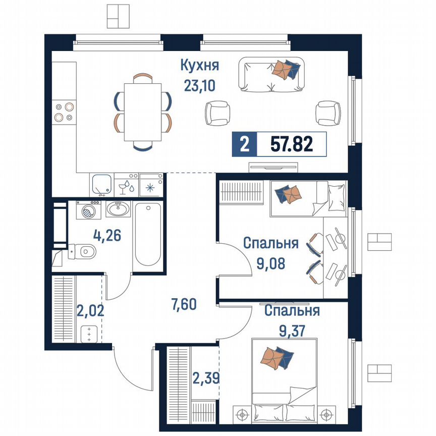 2-к. квартира, 57,8 м², 15/18 эт.