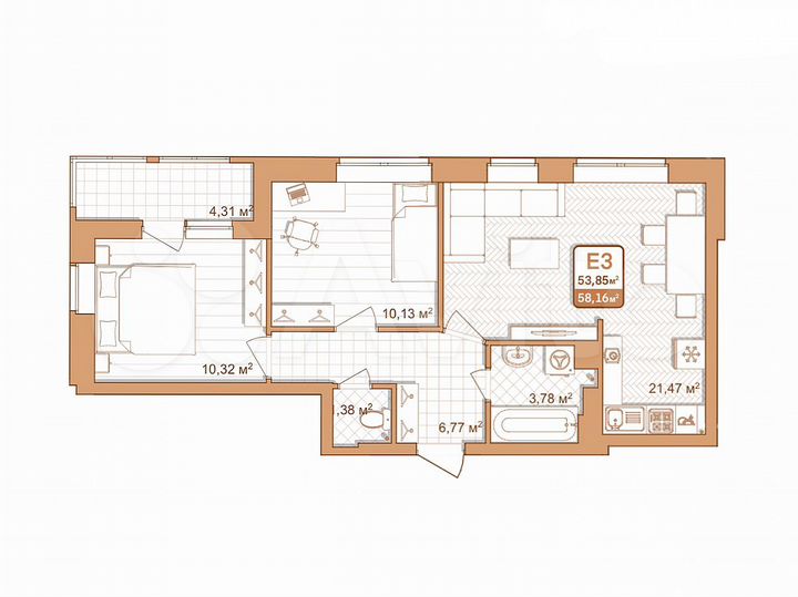 3-к. квартира, 58,2 м², 6/9 эт.